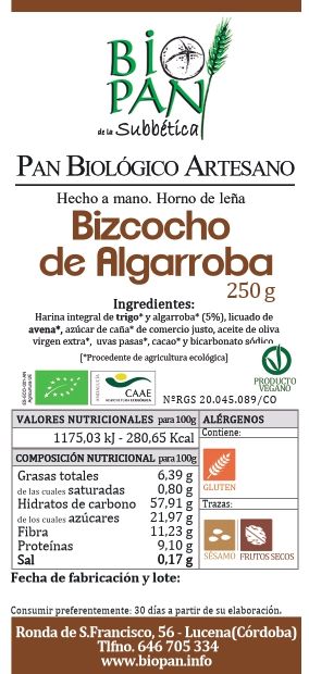 Etiqueta bizcocho algarroba