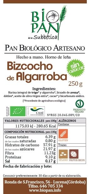 etiqueta bizcocho algarrobo sin azucar